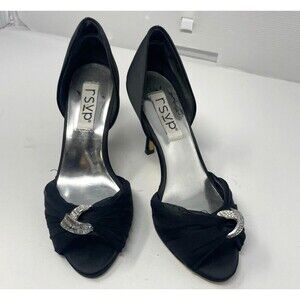 RSVP Black Satin Size 5.5 M Leather Sole High Heel Open Toed Pump Crystal